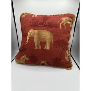 Safari Elephant Zebra Giraffe Throw Pillow Red Gold Rope Trim 14x14